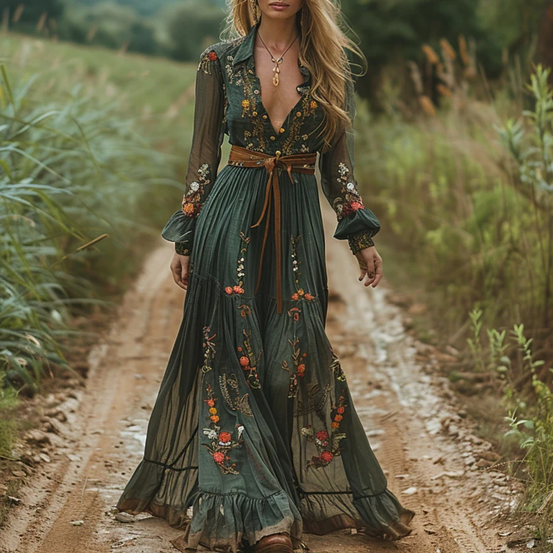 Ethnic Boho Fashion - Etniczna moda Kwiatowy nadruk Vintage Sukienka