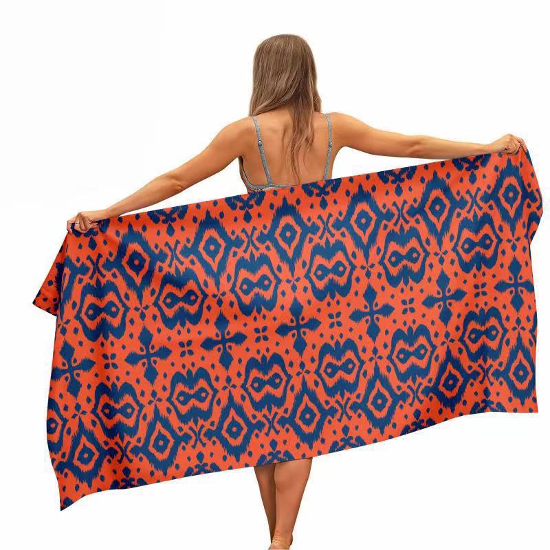Ikat Woven Fabric - Pomarańczowo-niebieski ręcznik plażowy Ikat z geometrycznym