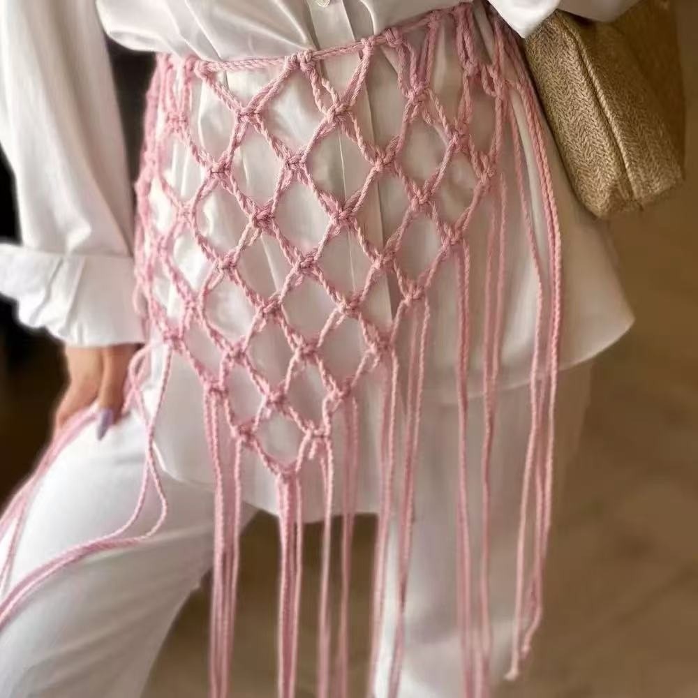Ethnic Boho Fashion - Modny, boho, siateczkowy pas z frędzlami,